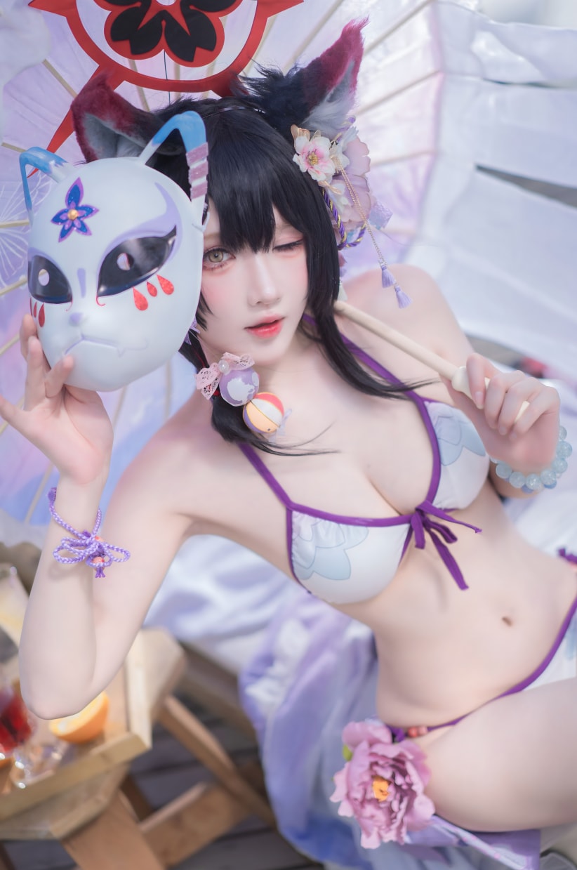 阿包也是兔娘 蔚蓝档案 狐坂若藻 水着美丽的女生cos图片