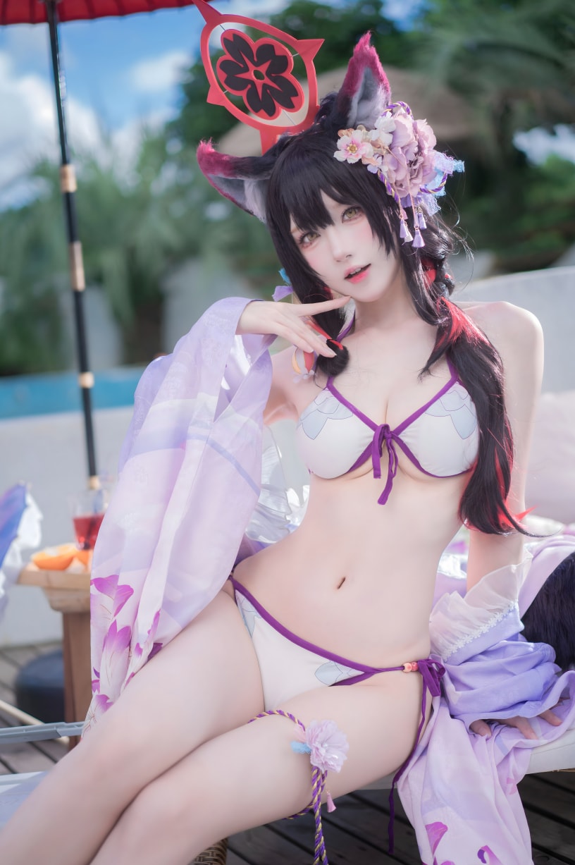 阿包也是兔娘 蔚蓝档案 狐坂若藻 水着美丽的女生cos图片